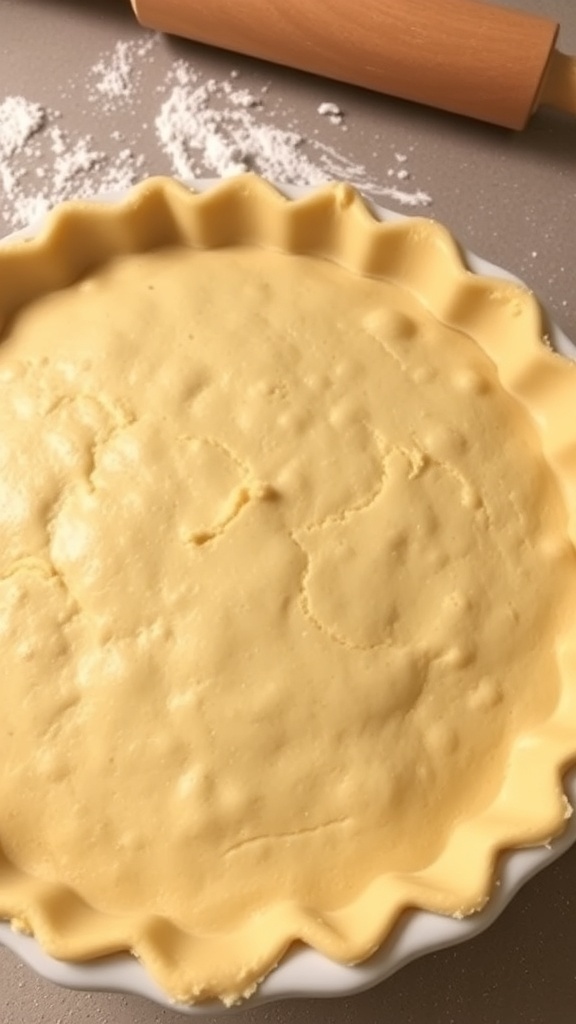 Golden brown pie crust made with 7-Up in a pie dish, set on a kitchen countertop.